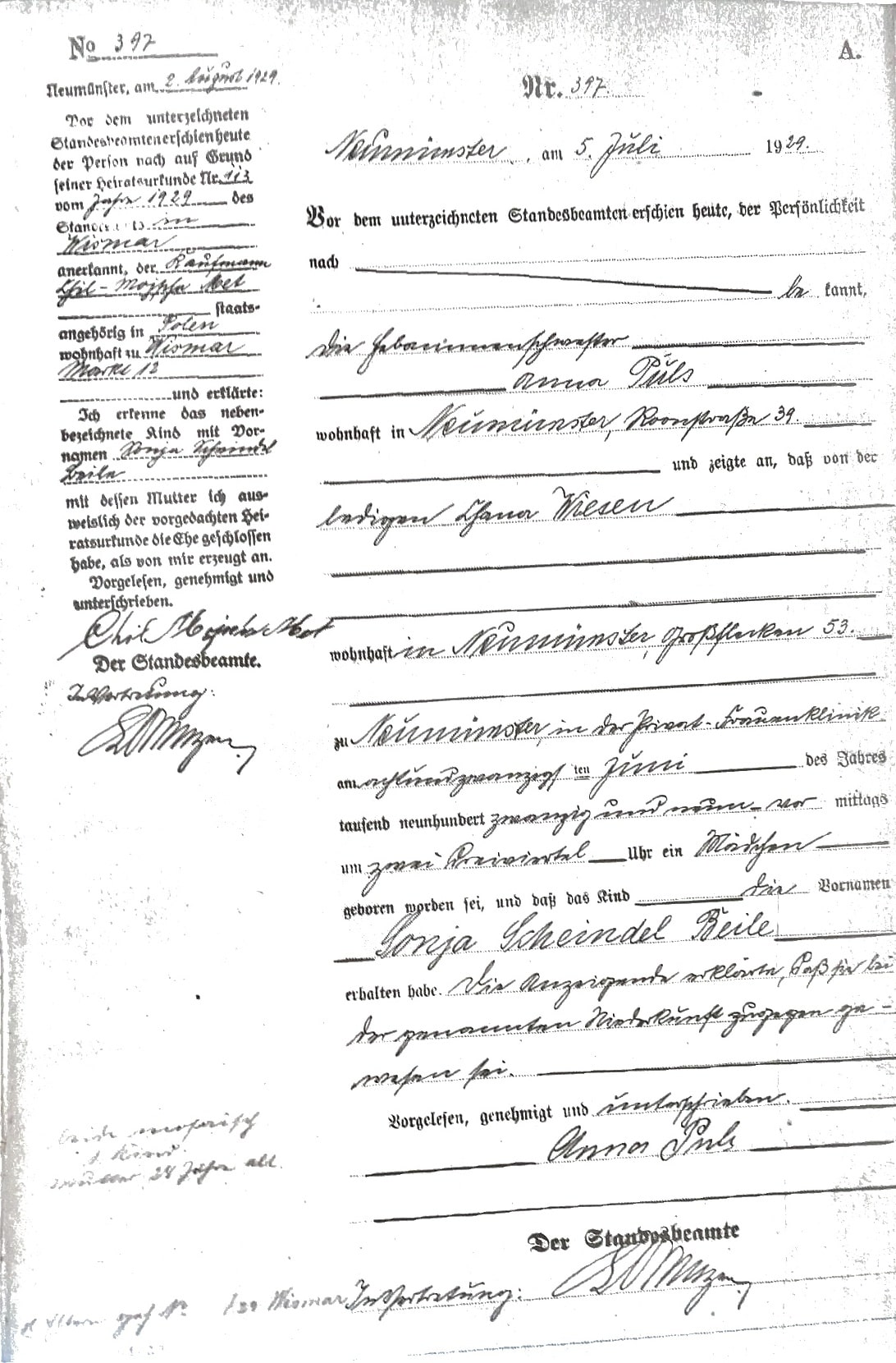 Sonja birth certificate